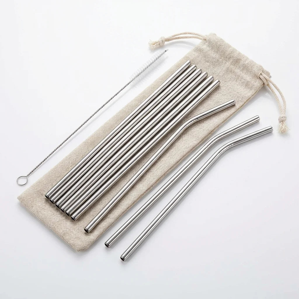 Stainless Steel Reusable Straw Set — 8-Pack with Cleaning Brush & Linen Bag | Food-Safe