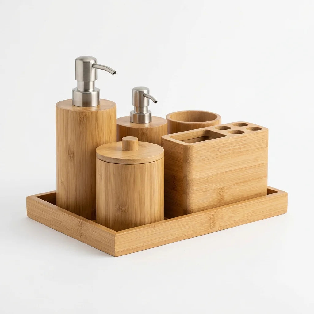 Refillable Bamboo Bathroom Accessory Set — 5-Piece Complete | FSC Certified