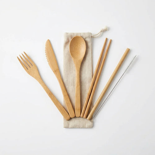 Bamboo Cutlery Travel Set — 5-Piece with Organic Linen Pouch | FSC Certified