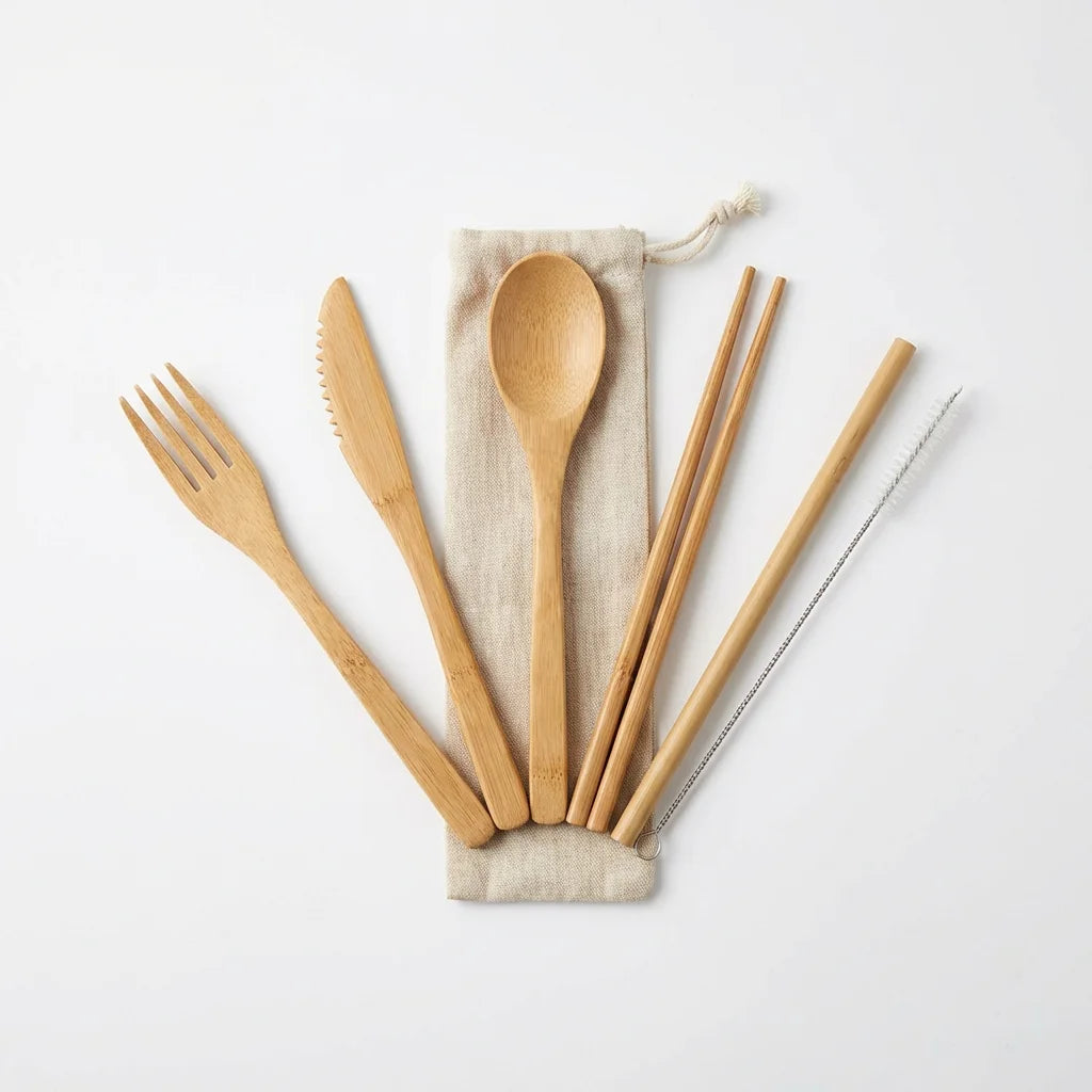 Bamboo Cutlery Travel Set — 5-Piece with Organic Linen Pouch | FSC Certified