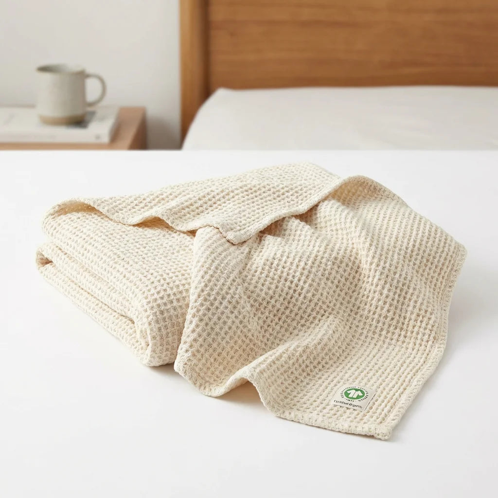 Organic Cotton Waffle Throw Blanket — 50"×60", Natural Dye | GOTS Certified