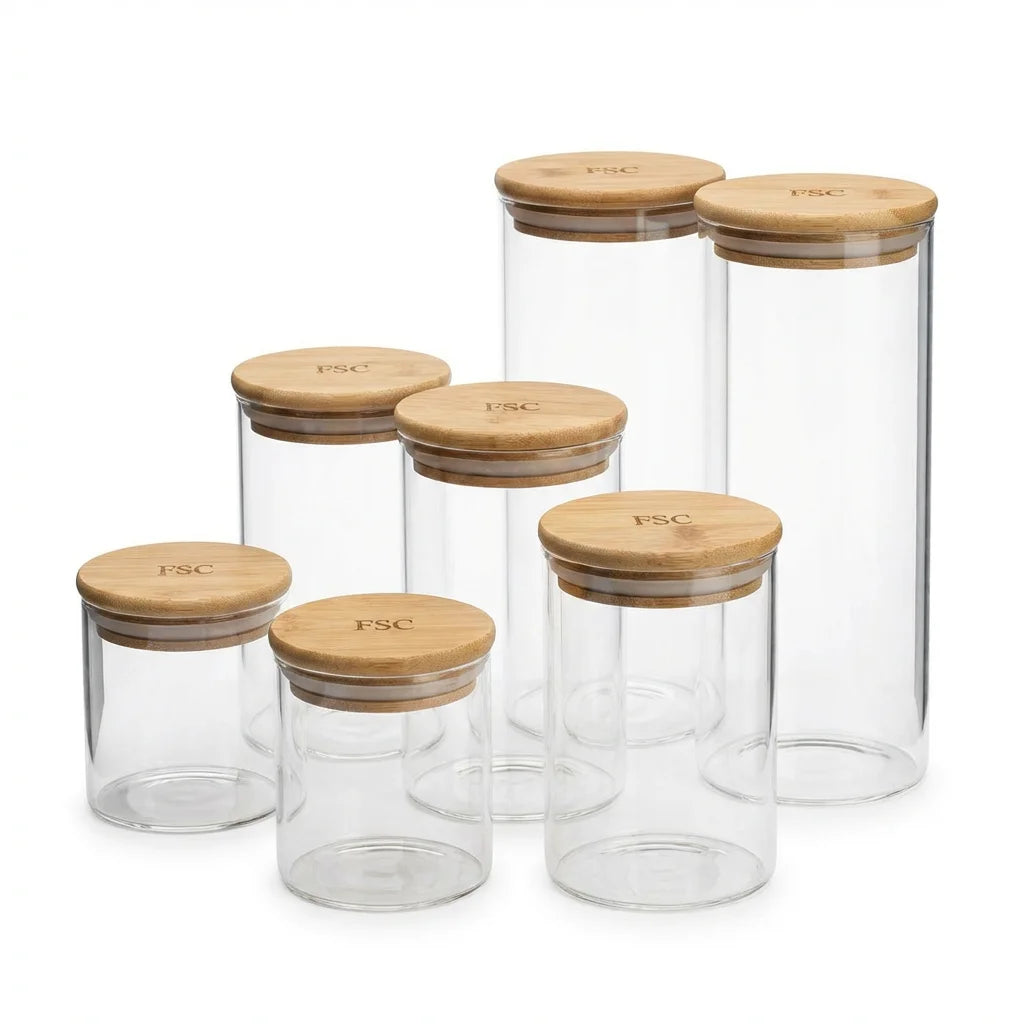 Glass Airtight Storage Jar Set — 6-Piece, Mixed Sizes | BPA-Free, Bamboo Lid | Homestay Kitchen Staple
