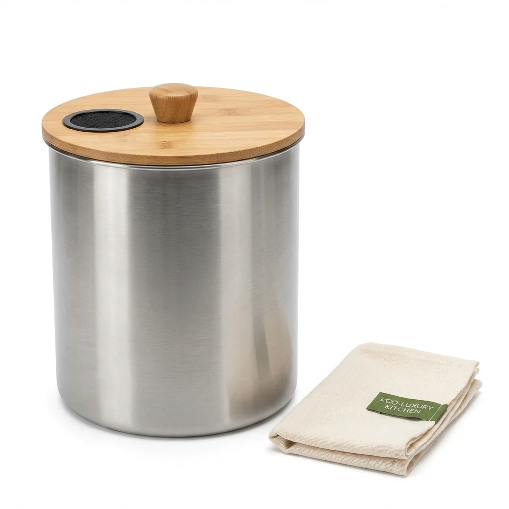 Stainless Steel & Bamboo Kitchen Compost Bin — 1.3 Gallon with Carbon Filter | FSC + Food-Safe