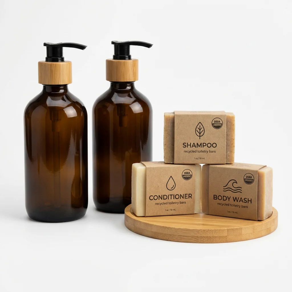 Refillable Solid Shampoo & Body Wash Toiletry Set — Glass Bottles + Solid Bars | Zero Plastic | Homestay