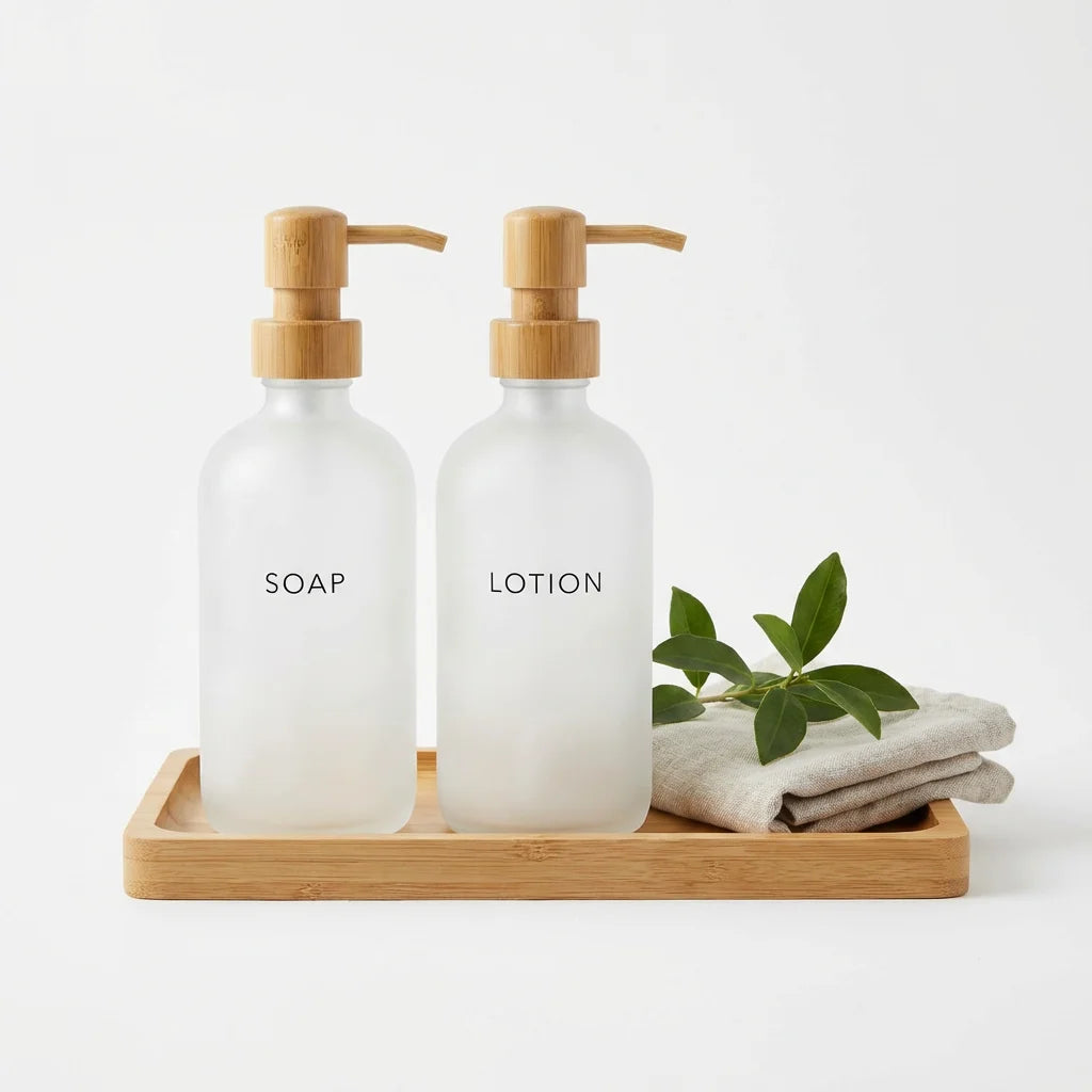 Bamboo Soap & Lotion Dispenser Set — 2 Dispensers + Tray | FSC Certified