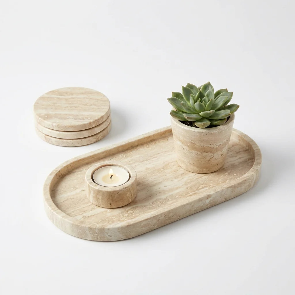 Natural Stone Decorative Accent Set — 3-Piece | Handcrafted Travertine | Homestay Styling Essentials
