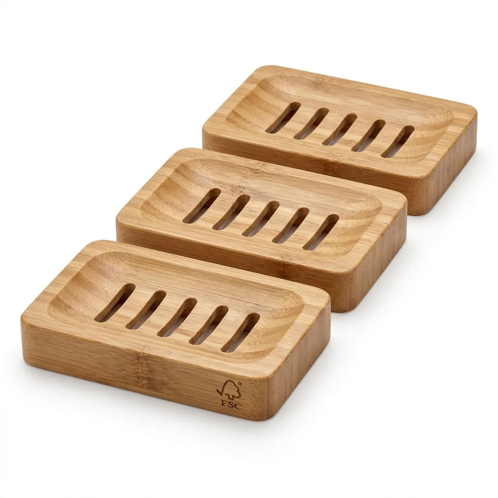 Self-Draining Bamboo Soap Dish Set — 3-Pack | FSC Certified