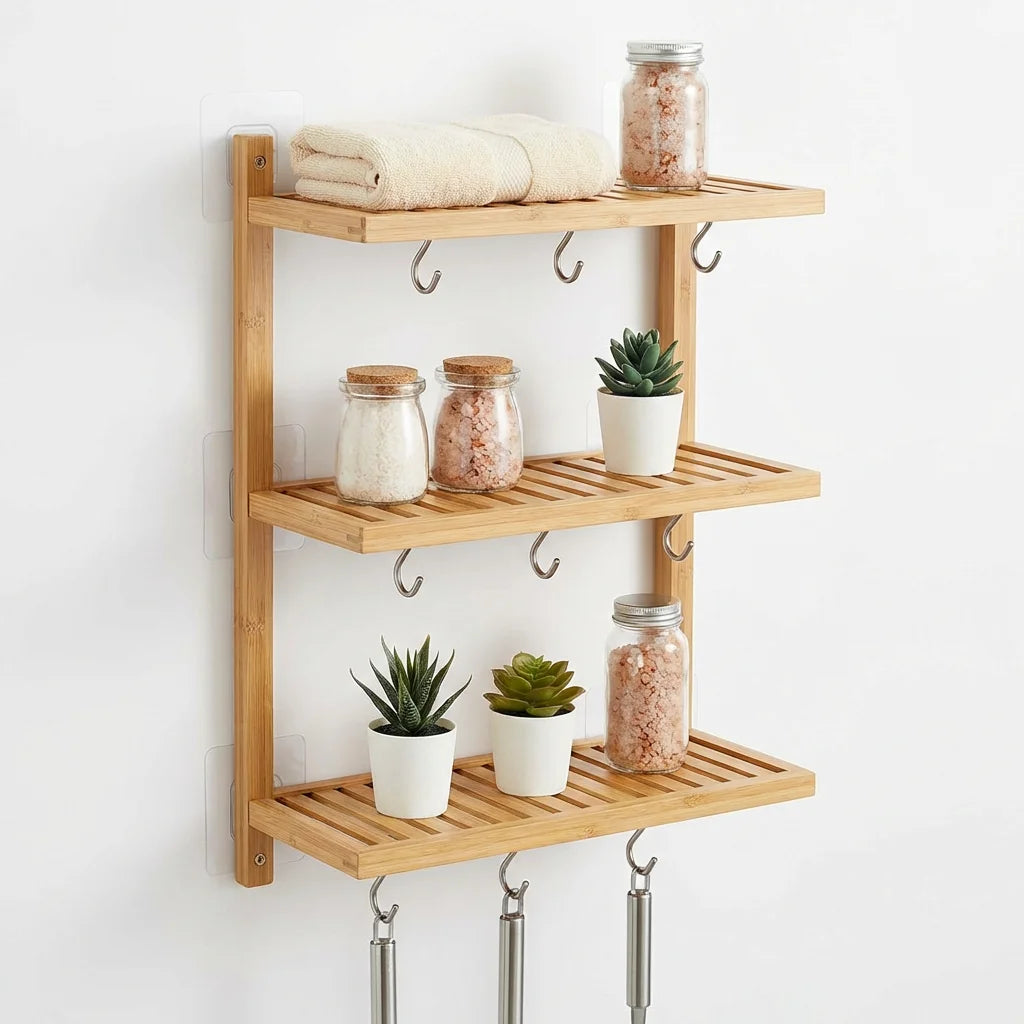 No-Drill Bamboo Wall Storage Rack — 3-Tier with Hooks | Damage-Free, FSC Certified | Homestay Safe Install