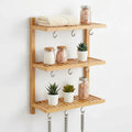 No-Drill Bamboo Wall Storage Rack — 3-Tier with Hooks | Damage-Free, FSC Certified | Homestay Safe Install